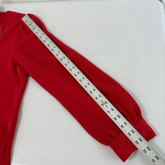 Chicos Ruffle Front Button Up Blouse Size 2 US 12 Red V Neck Sparkle Trim Top - Picture 11 of 12